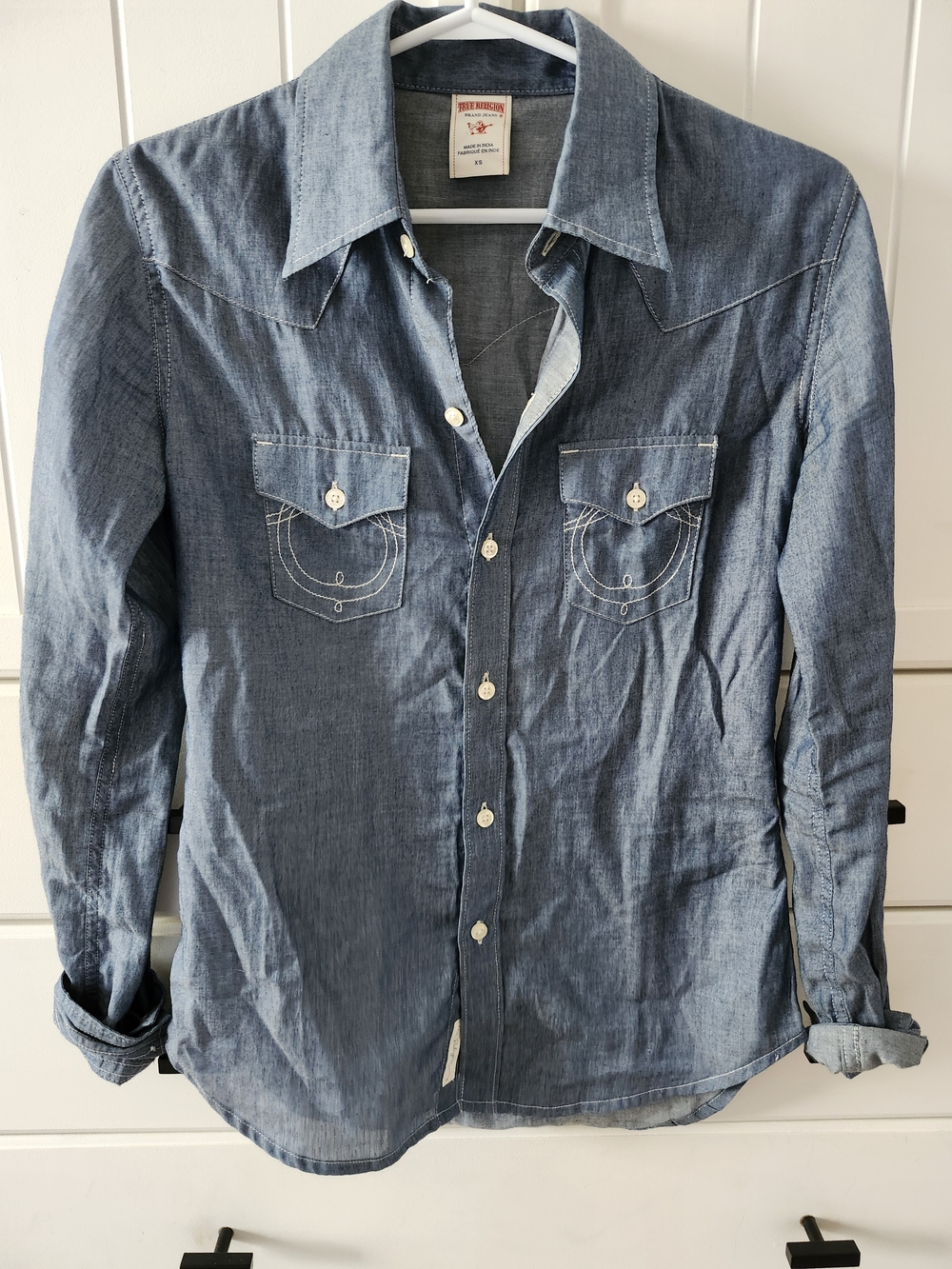 True Religion Women's Denim Button-Up Shirt in Light Blue